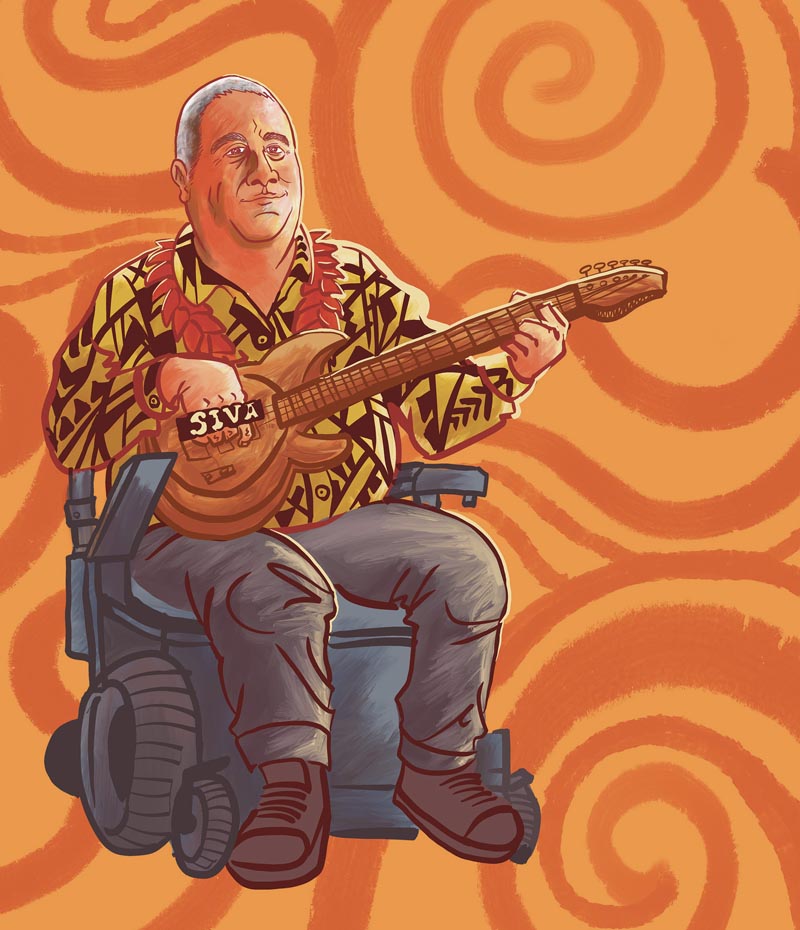 An illustration of musician Pati Umaga in his wheelchair and playing a guitar